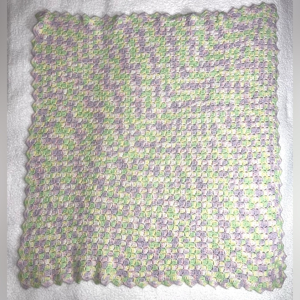 Hand Knit Crochet Throw Blanket Afghan Baby Blanket Multicolor Pastel 36”x38”